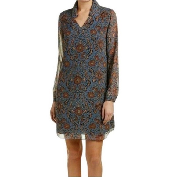 CAbi Provincial Tunic Long Sleeve Dress Boho Floral Teal Blue Brown Sz M - Picture 2 of 13